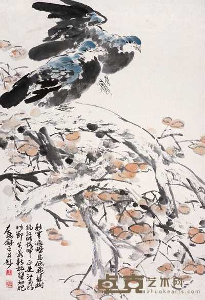 王和平 芙蓉双鸽 镜心 67×45cm